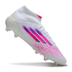 Botas de fútbol Adidas F50 Elite Mid Cut blancas y rosas para terreno firme (FG).