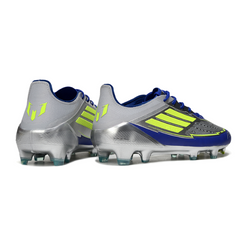 Botas de fútbol Adidas F50 Elite Messi para terreno firme FG, color gris y azul.