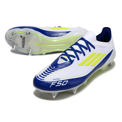 Adidas F50 Primeknit Elite White Blue and Yellow Mixed Studs SG Football Boot Messi