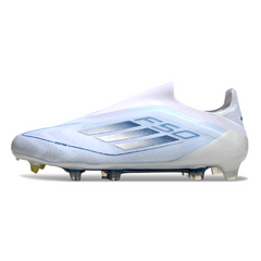 Botas de fútbol Adidas F50 Elite sin cordones, blancas y azules, para terreno firme (FG).