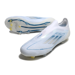 Botas de fútbol Adidas F50 Elite sin cordones, blancas y azules, para terreno firme (FG).