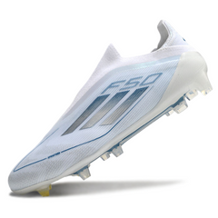 Botas de fútbol Adidas F50 Elite sin cordones, blancas y azules, para terreno firme (FG).