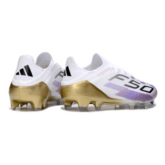 Scarpa da calcio Adidas F50 Primeknit Elite bianca, viola e oro per terreni compatti FG