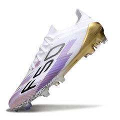 Scarpa da calcio Adidas F50 Primeknit Elite bianca, viola e oro per terreni compatti FG