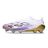 Botas de fútbol Adidas F50 Elite sin cordones, color blanco, morado y dorado, para terreno firme FG