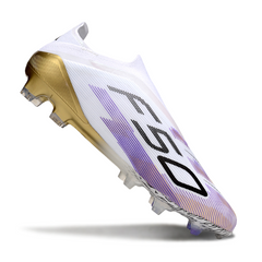Botas de fútbol Adidas F50 Elite sin cordones, color blanco, morado y dorado, para terreno firme FG