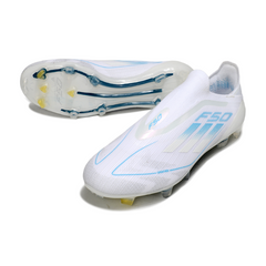 Botas de fútbol Adidas F50 Elite sin cordones, blancas y azul claro, para terreno firme (FG).