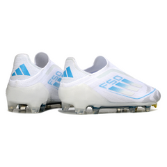 Botas de fútbol Adidas F50 Elite sin cordones, blancas y azul claro, para terreno firme (FG).