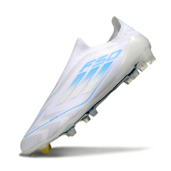 Botas de fútbol Adidas F50 Elite sin cordones, blancas y azul claro, para terreno firme (FG).