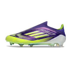 Botas de fútbol Adidas F50 Elite sin cordones, color morado y verde, para terreno firme (FG).