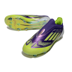 Botas de fútbol Adidas F50 Elite sin cordones, color morado y verde, para terreno firme (FG).