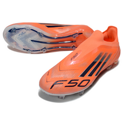 Botas de fútbol Adidas F50 Elite sin cordones, color naranja y negro, para terreno firme FG
