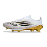 Scarpa da calcio Adidas F50+ Elite bianca, nera e oro per terreni compatti FG