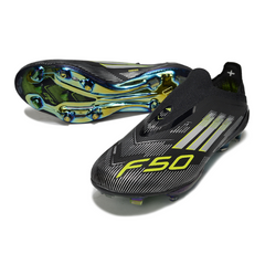 Scarpa da calcio Adidas F50+ Elite Laceless nera, bianca e verde per terreni compatti FG