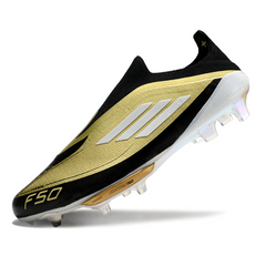 Scarpa da calcio Adidas F50+ Elite Laceless nera e gialla per terreni compatti FG
