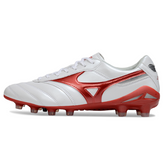Scarpa da calcio Mizuno Morelia Neo 2 Elite bianca e rossa per terreni compatti FG