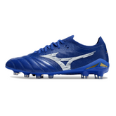 Botas de fútbol Mizuno Morelia Neo IV Elite FG para terreno firme, color azul y blanco