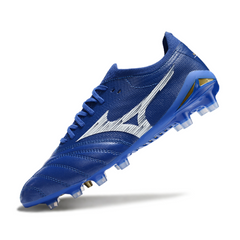 Botas de fútbol Mizuno Morelia Neo IV Elite FG para terreno firme, color azul y blanco