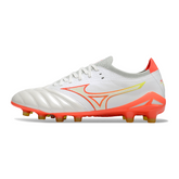 Botas de fútbol Mizuno Morelia Neo IV Elite FG para terreno firme, color blanco, naranja y amarillo