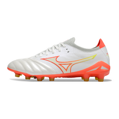 Botas de fútbol Mizuno Morelia Neo IV Elite FG para terreno firme, color blanco, naranja y amarillo