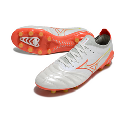 Botas de fútbol Mizuno Morelia Neo IV Elite FG para terreno firme, color blanco, naranja y amarillo