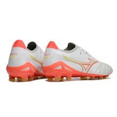 Botas de fútbol Mizuno Morelia Neo IV Elite FG para terreno firme, color blanco, naranja y amarillo
