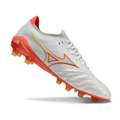 Botas de fútbol Mizuno Morelia Neo IV Elite FG para terreno firme, color blanco, naranja y amarillo