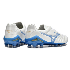 Scarpa da calcio Mizuno Morelia Neo IV Pro bianca e blu per terreni compatti FG