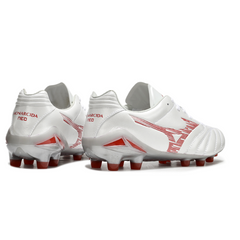 Scarpa da calcio Mizuno Morelia Neo IV Pro bianca e rossa per terreni compatti FG