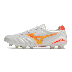 Bota de fútbol Mizuno Morelia Neo IV Pro blanca, naranja y amarilla para terreno firme (FG).