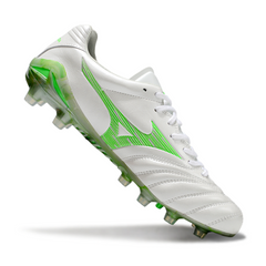 Scarpa da calcio Mizuno Morelia Neo IV Pro bianca e verde per terreni compatti FG