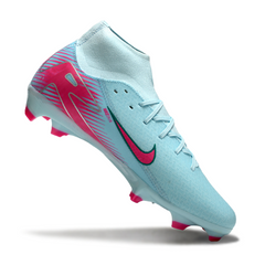 Botas de fútbol Nike Air Zoom Mercurial Superfly 10 Academy FG para terreno firme, color azul claro y rosa