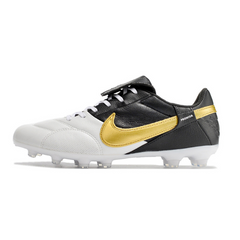 Chuteira Campo Nike Premier 3 FG Branca, Preta e Dourada - VENI Futebol