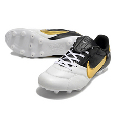 Chuteira Campo Nike Premier 3 FG Branca, Preta e Dourada - VENI Futebol