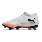 Botas de fútbol Puma Future 8 FG para terreno firme, color blanco, naranja y azul