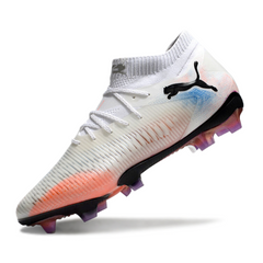 Scarpa da calcio Puma Future 8 bianca arancione e blu per terreni compatti FG