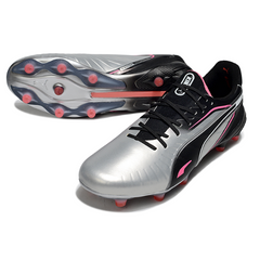 Botas de fútbol Puma King Ultimate FG para terreno firme, color gris, negro y rosa