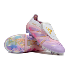 Botas de fútbol Adidas Predator 25 Elite Tongue para niños, color blanco y rosa, para terreno firme FG
