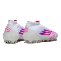 Botas de fútbol Adidas F50 Elite Mid Cut blancas y rosas para terreno firme (FG).