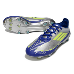 Botas de fútbol Adidas F50 Elite Messi para terreno firme FG, color gris y azul.