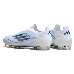 Botas de fútbol Adidas F50 Elite sin cordones, blancas y azules, para terreno firme (FG).