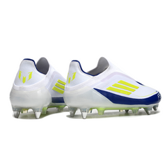 Scarpa da calcio per bambini Adidas F50 Elite SG senza lacci, bianca, blu e verde, con tacchetti misti