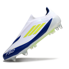 Scarpa da calcio per bambini Adidas F50 Elite SG senza lacci, bianca, blu e verde, con tacchetti misti
