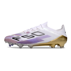 Scarpa da calcio Adidas F50 Primeknit Elite bianca, viola e oro per terreni compatti FG