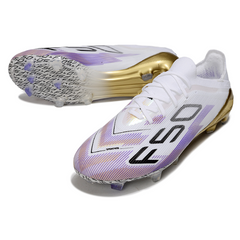 Scarpa da calcio Adidas F50 Primeknit Elite bianca, viola e oro per terreni compatti FG