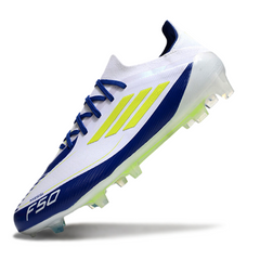 Scarpa da calcio Adidas F50 Primeknit Elite bianca, blu e gialla per terreni compatti FG