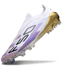 Botas de fútbol Adidas F50 Elite sin cordones, color blanco, morado y dorado, para terreno firme FG