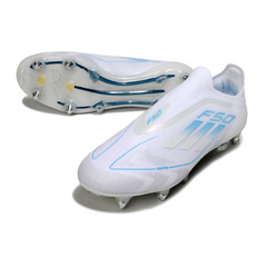 Botas de fútbol Adidas F50 Elite sin cordones, tacos mixtos blancos y azul claro SG