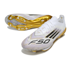 Scarpa da calcio Adidas F50+ Elite bianca, nera e oro per terreni compatti FG