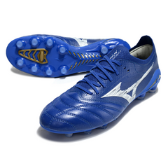 Botas de fútbol Mizuno Morelia Neo IV Elite FG para terreno firme, color azul y blanco